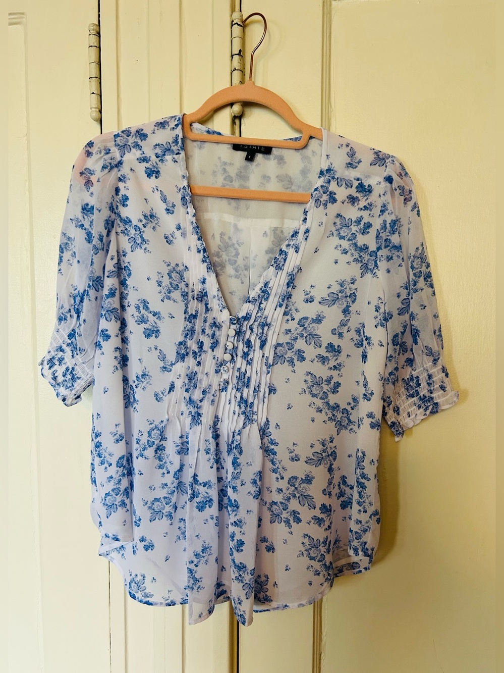 1. State White Blouse with Blue Floral Print